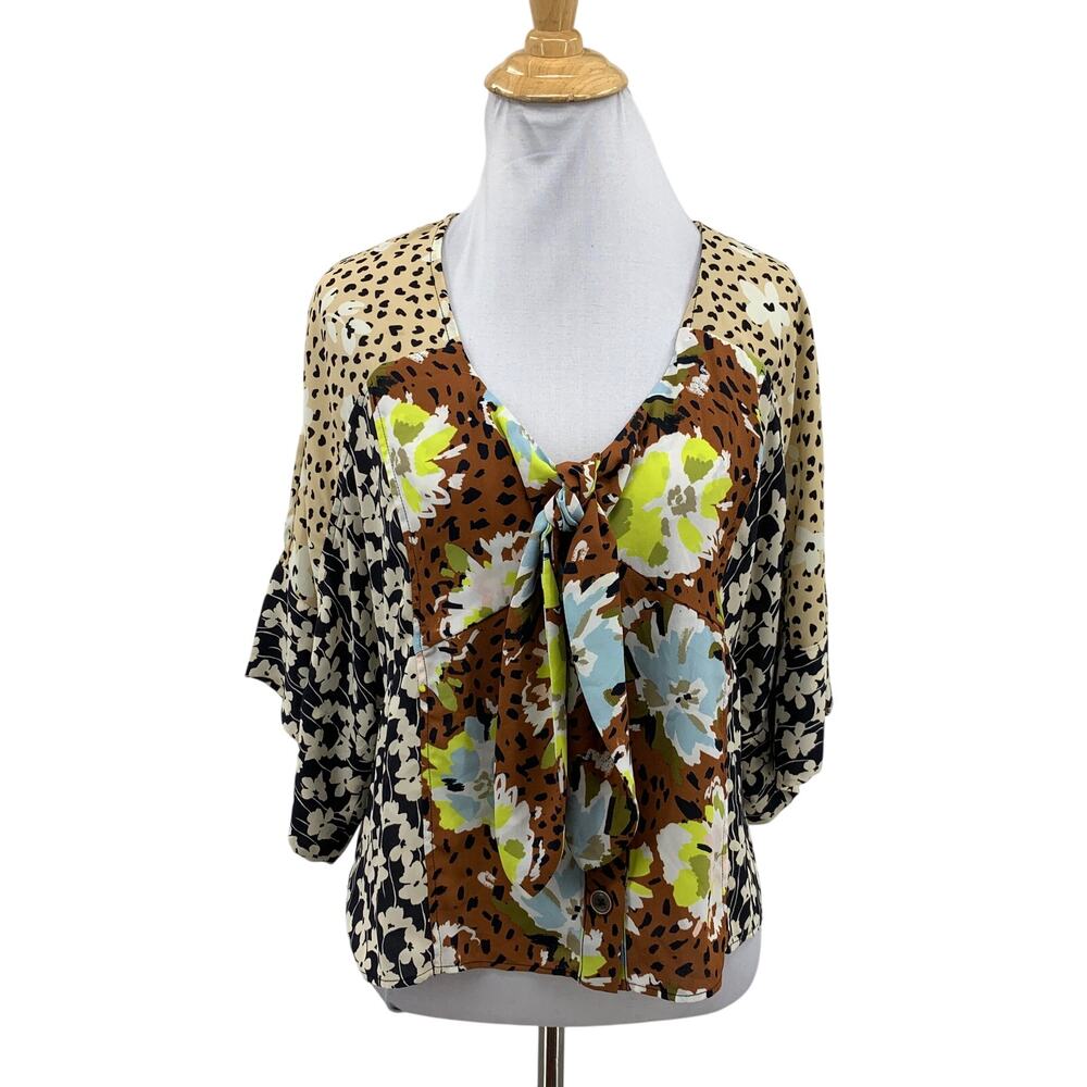 Cabi Blouse Womens M Medium Multi Patchwork Print Tie Front Button Up Boxy